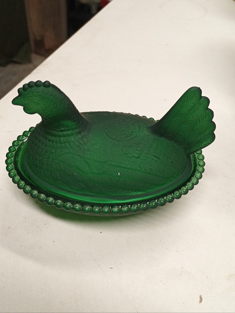 Small Hunter Green Glass Hen on Nest With A Lovely Satin Finish